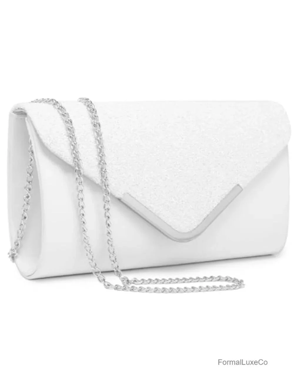 Satin Envelope Clutch with Glitter Flap and Detachable Chain Strap